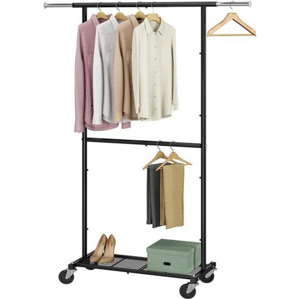 Standard Clothing Garment Rack with Wheels and Bottom Shelves, Extendable, Black